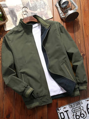 Men's Olive Green Softshell Jacket with Stand Collar Pockets Zipper Casual Wear