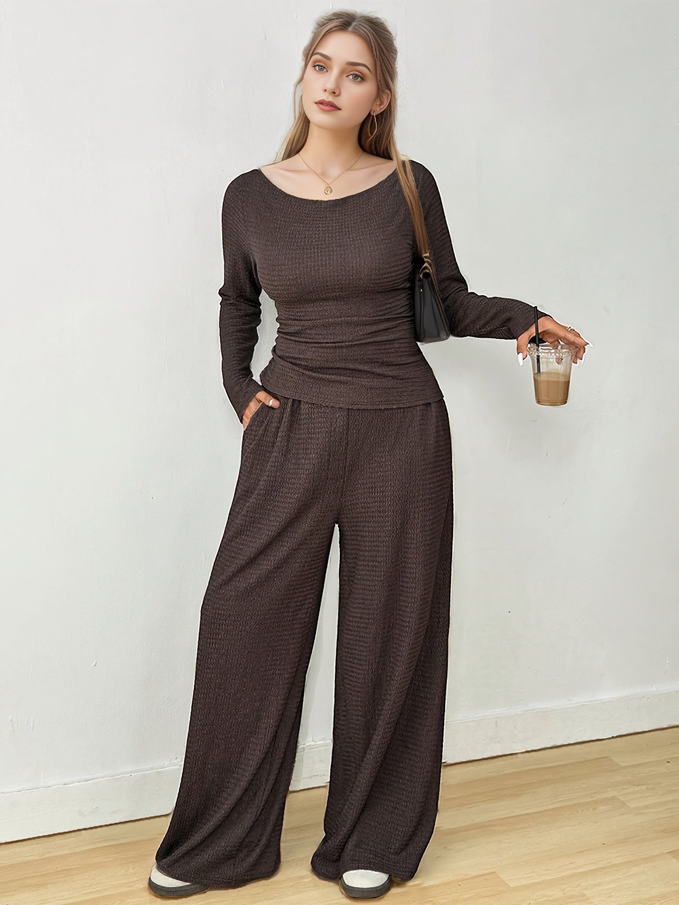 Women's Plus Size Spring Autumn Loungewear Set Long Sleeve Top Elastic Waist Pants