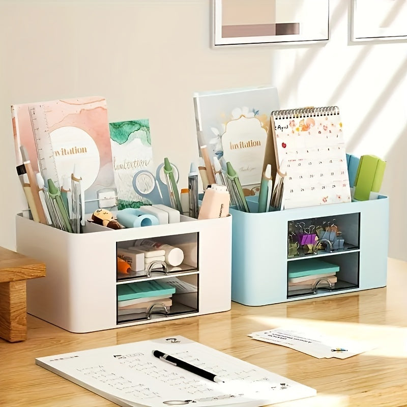 Multifunctional Desktop Organizer with Two Drawers for Office Supplies and Vanity Storage