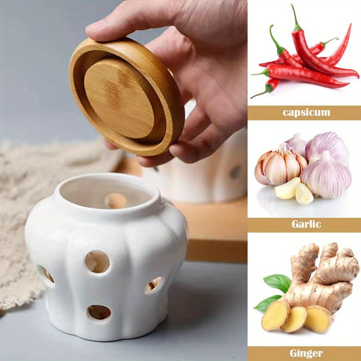 Zamonaviy Oq Keramika Sarimsoq Saqlagichi - Oshxonada Zanjabil va Sarimsoq uchun Havo Olishi mumkin bo'lgan Saqlash Idishi, Zamonaviy Ferma Dekori