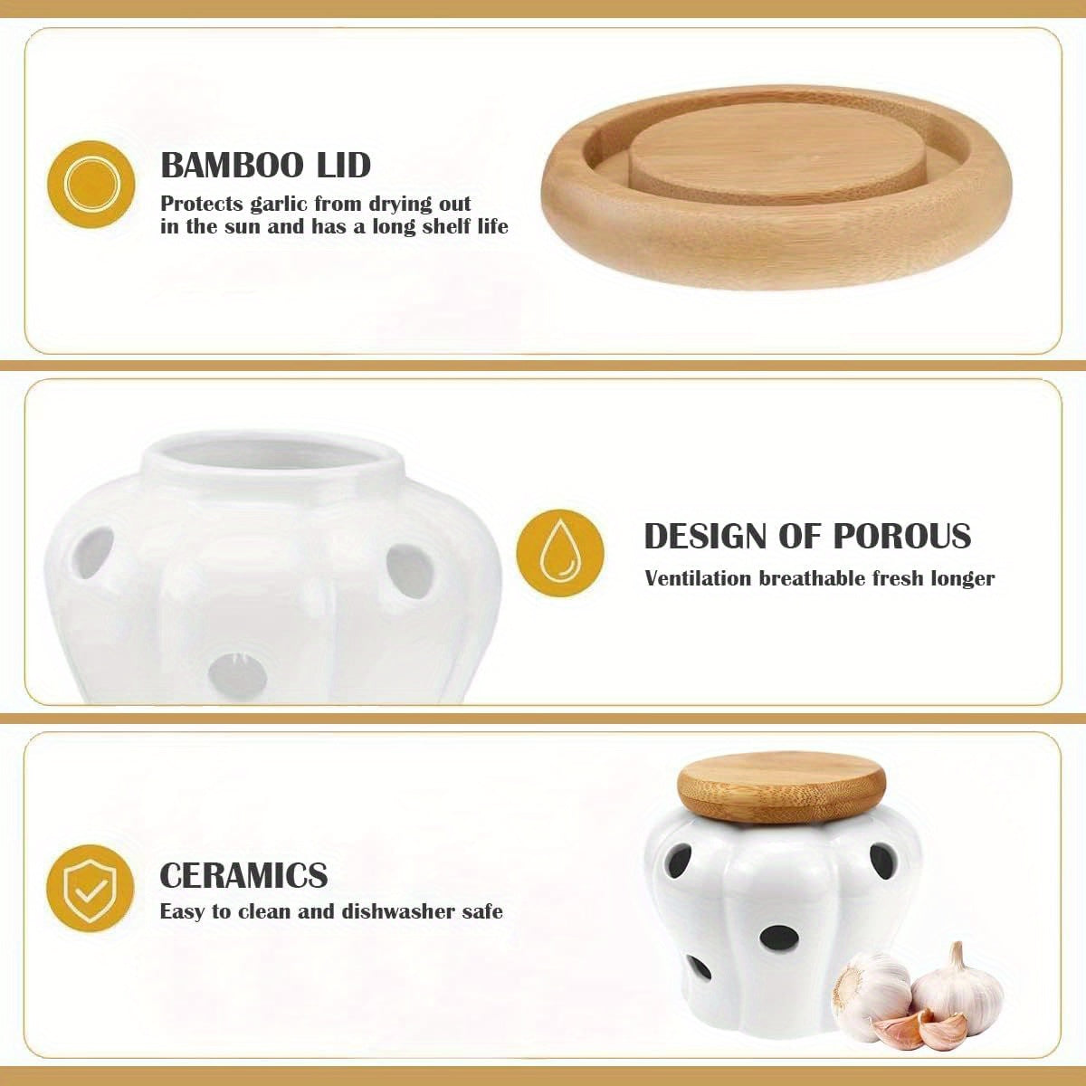 Zamonaviy Oq Keramika Sarimsoq Saqlagichi - Oshxonada Zanjabil va Sarimsoq uchun Havo Olishi mumkin bo'lgan Saqlash Idishi, Zamonaviy Ferma Dekori