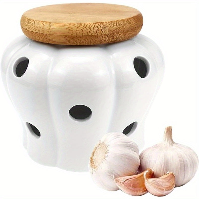 White Ceramic Garlic Keeper Breathable Storage Container for Kitchen Ginger and Garlic