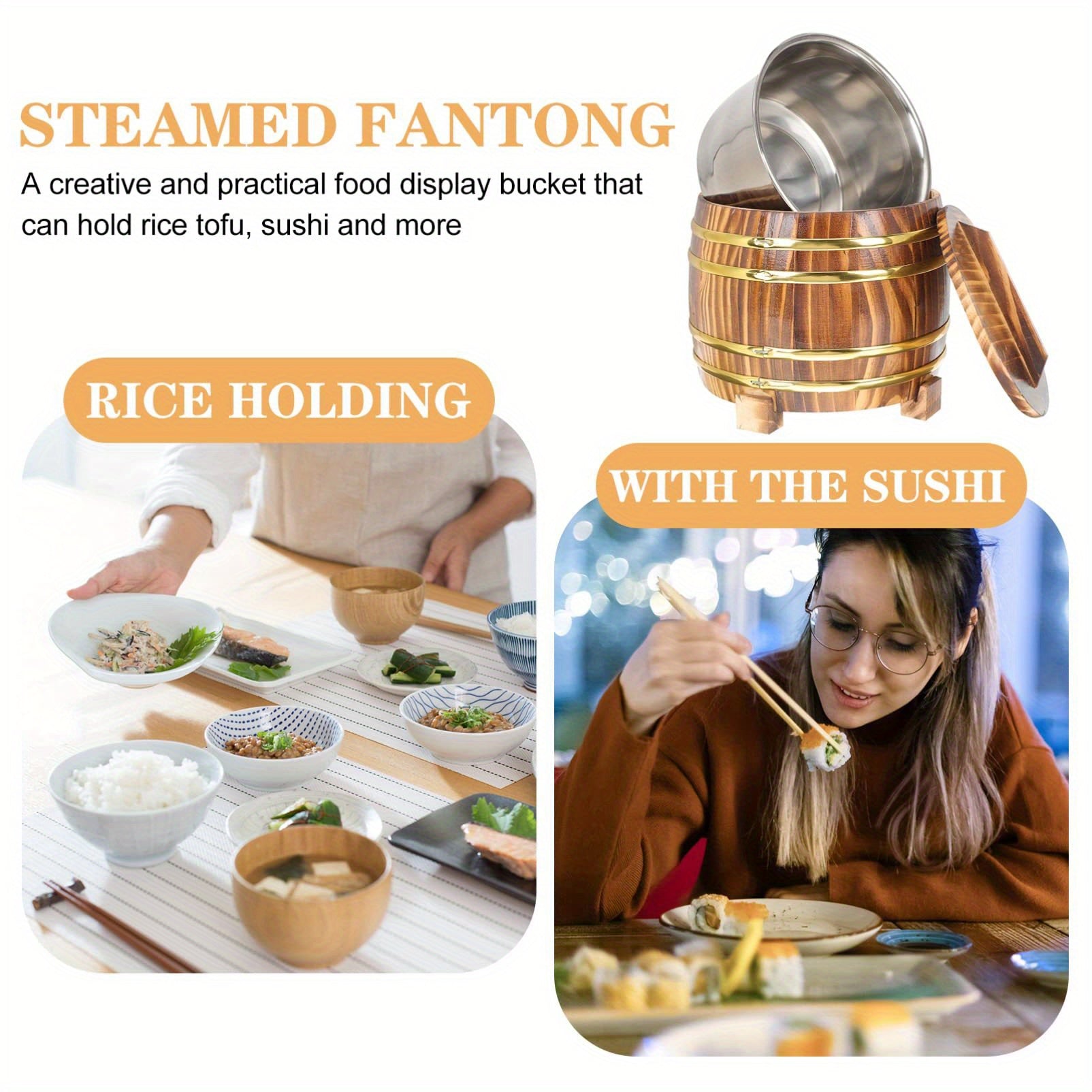 Wooden Rice Steamer Set with Stainless Steel Lining for Sushi Oke and Traditional Cooking