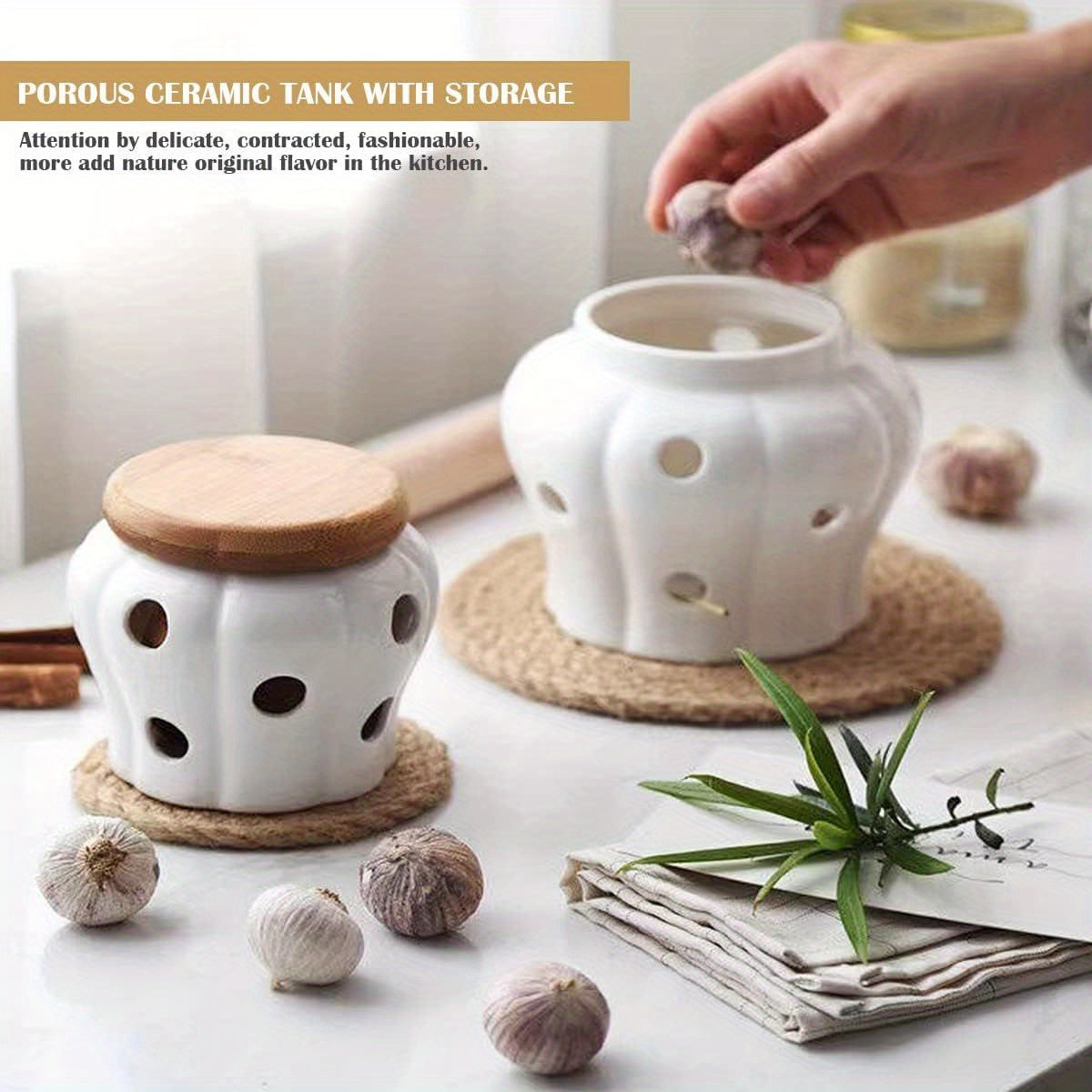 White Ceramic Garlic Keeper Breathable Storage Container for Kitchen Ginger and Garlic
