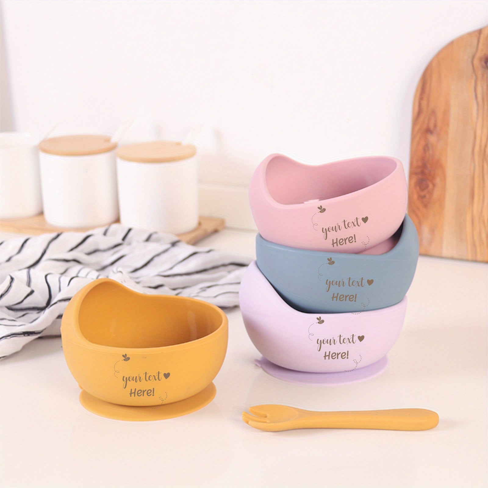 Baby Bowl and Spoon Set with Suction Cup, BPA-Free Silicone, Wooden Handle