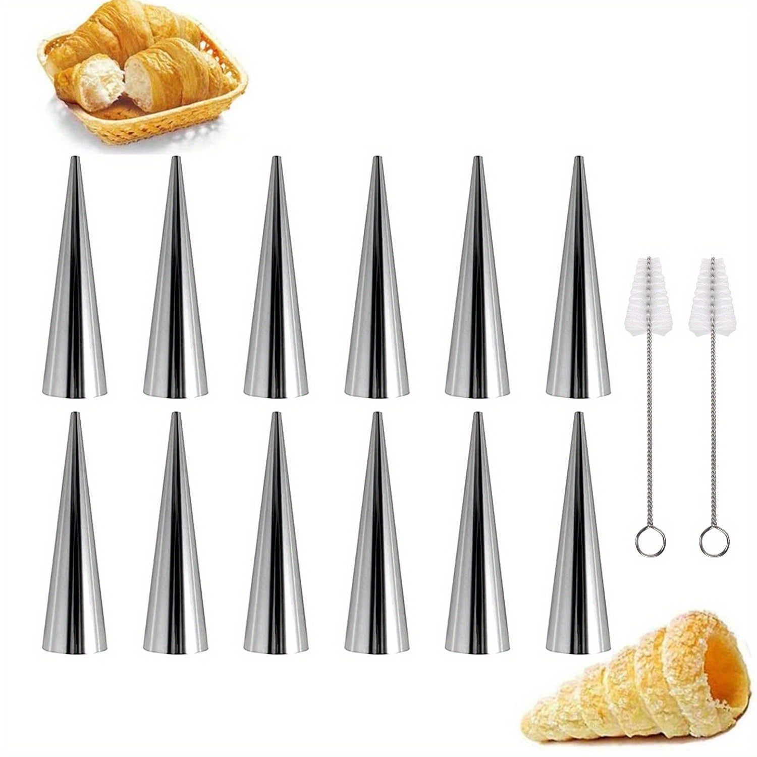 Stainless Steel Cream Horn Molds Set with Cleaning Brush Conical Pastry Forms for Baking