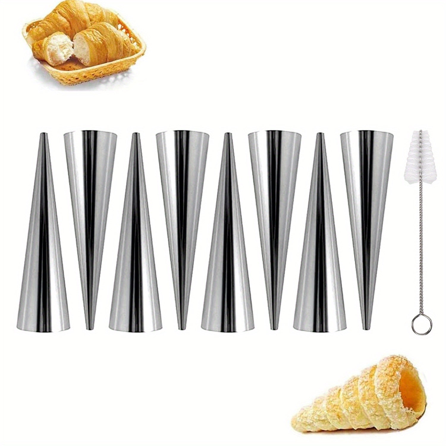 Stainless Steel Cream Horn Molds Set with Cleaning Brush Conical Pastry Forms for Baking