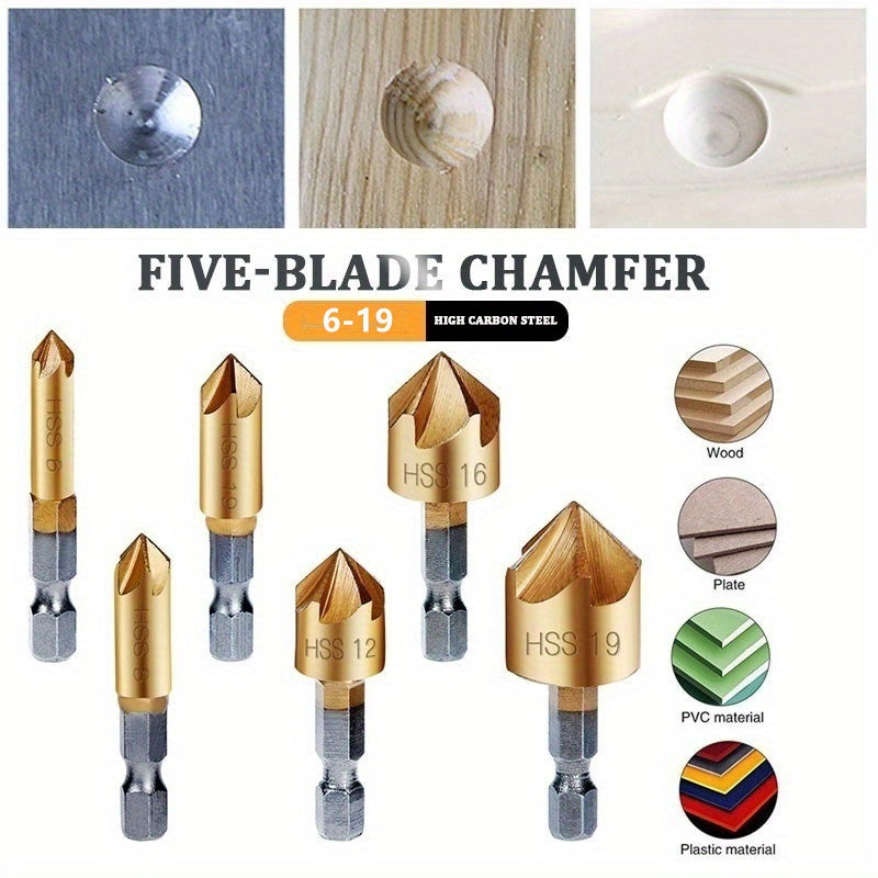6 Pieces Woodworking Chamfering Drill Bit Set 6–19mm HSS Countersink Tools