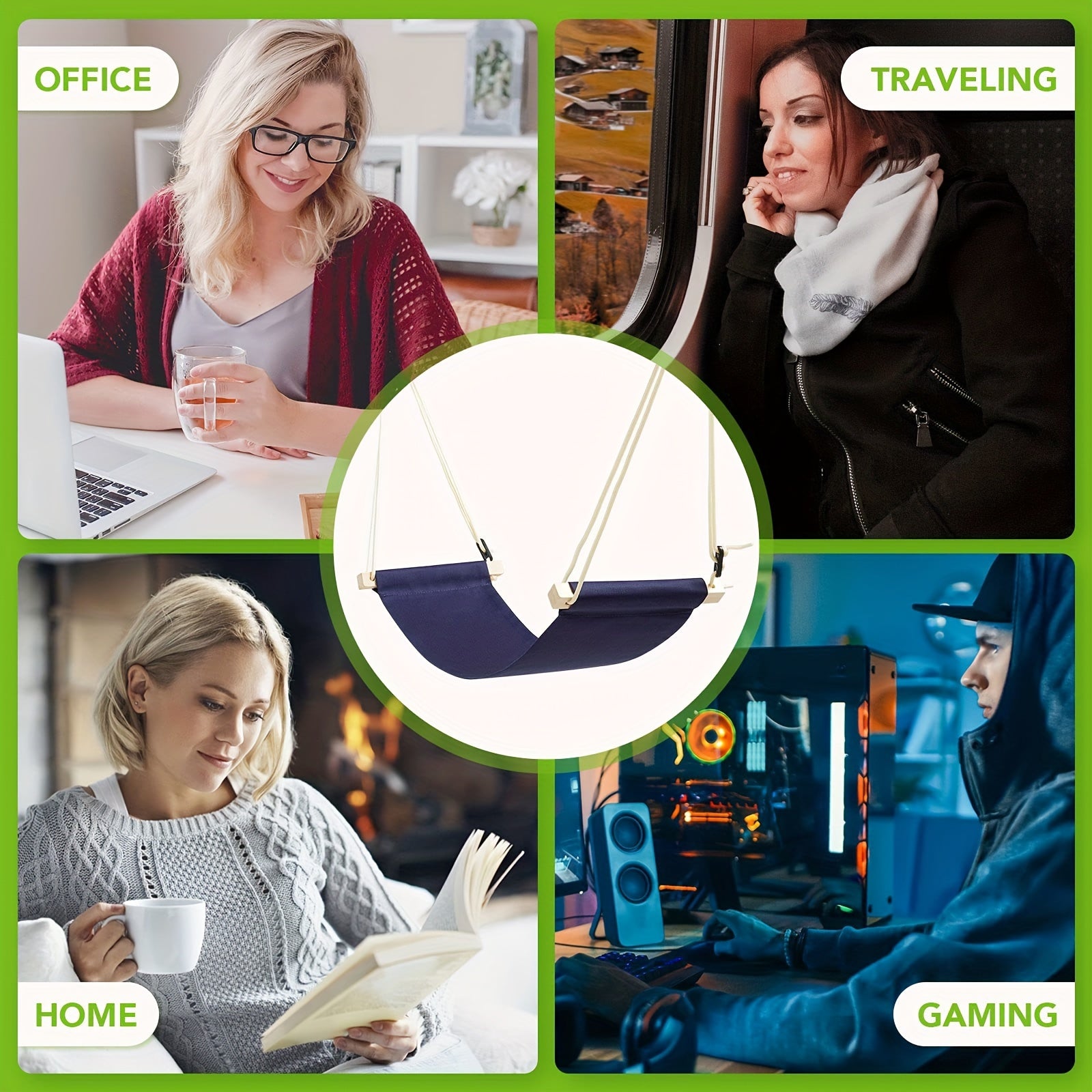 Linen Under-Desk Footrest Hammock Adjustable Support for Office Home Garden Camping Black Orange