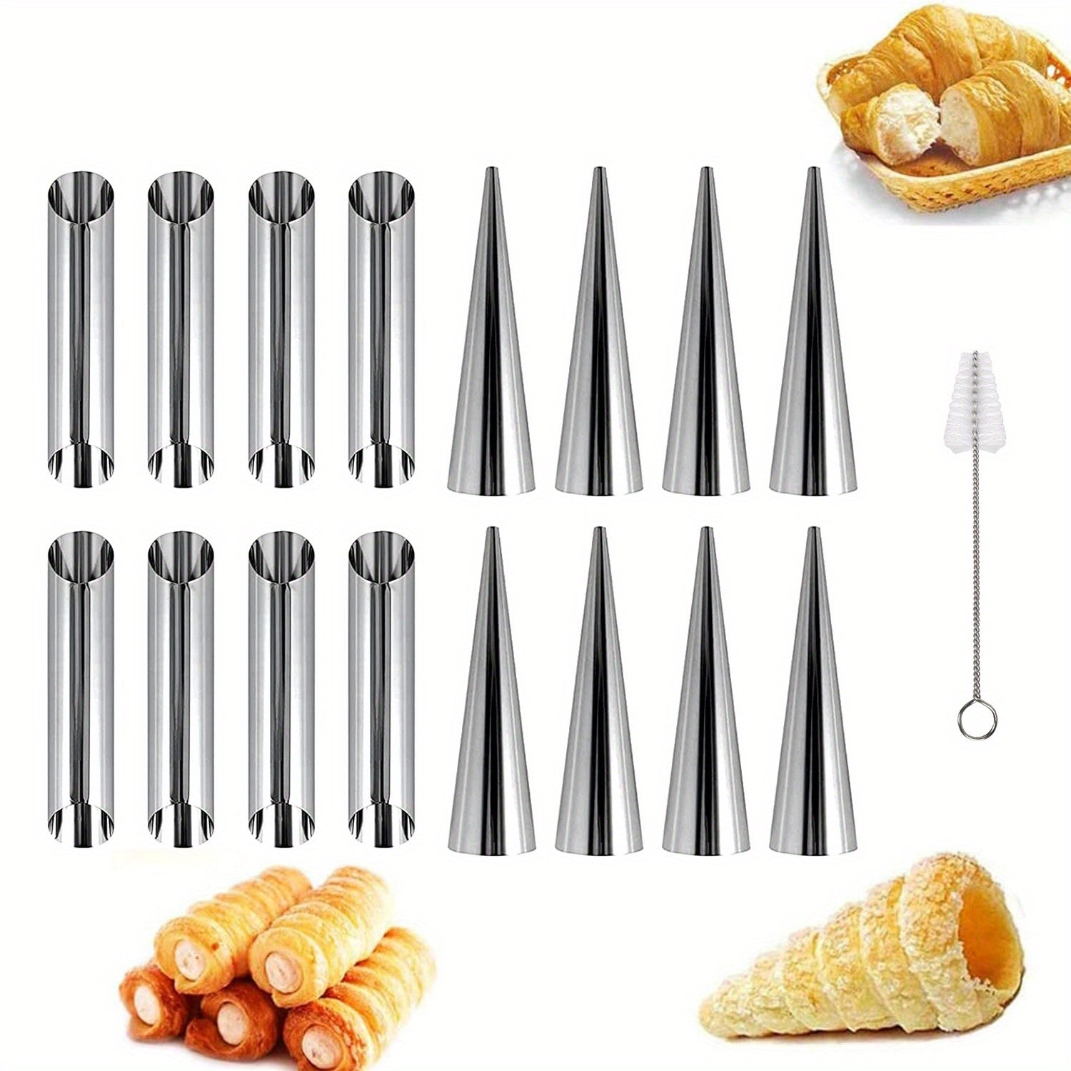 Cream Horn Stainless Steel Mold Set with 9 Conical Tubes and Brush