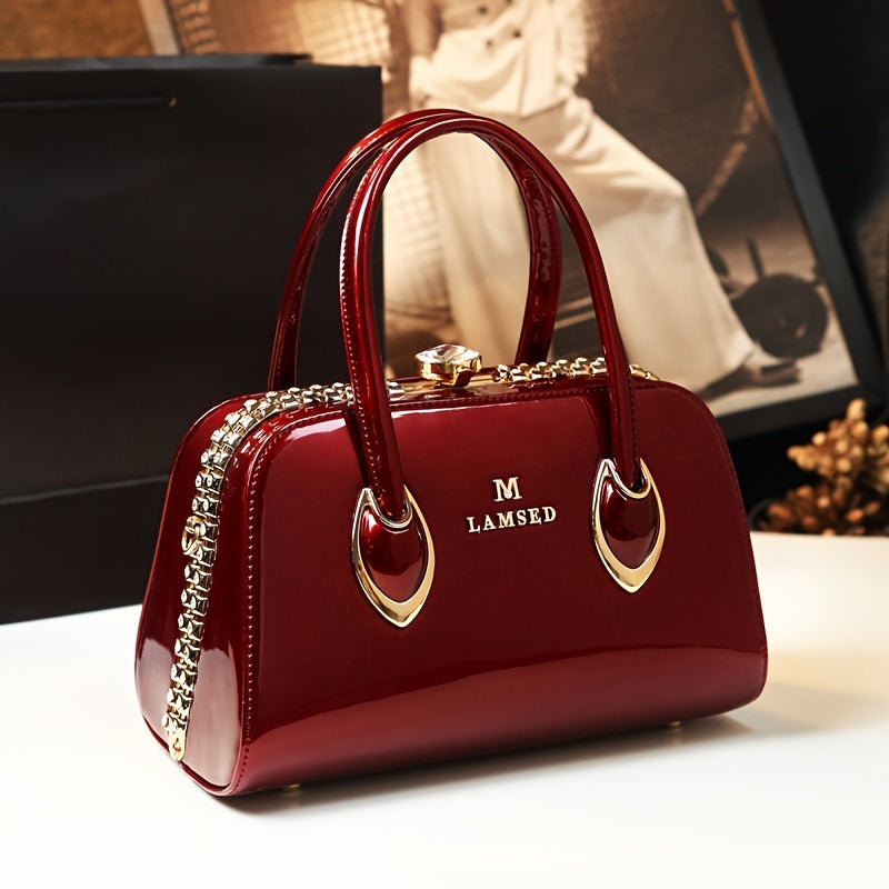Elegant Red Handbag with Golden Accents Rhinestone Embellishments Glossy Finish Polyester Lined Non-Washable