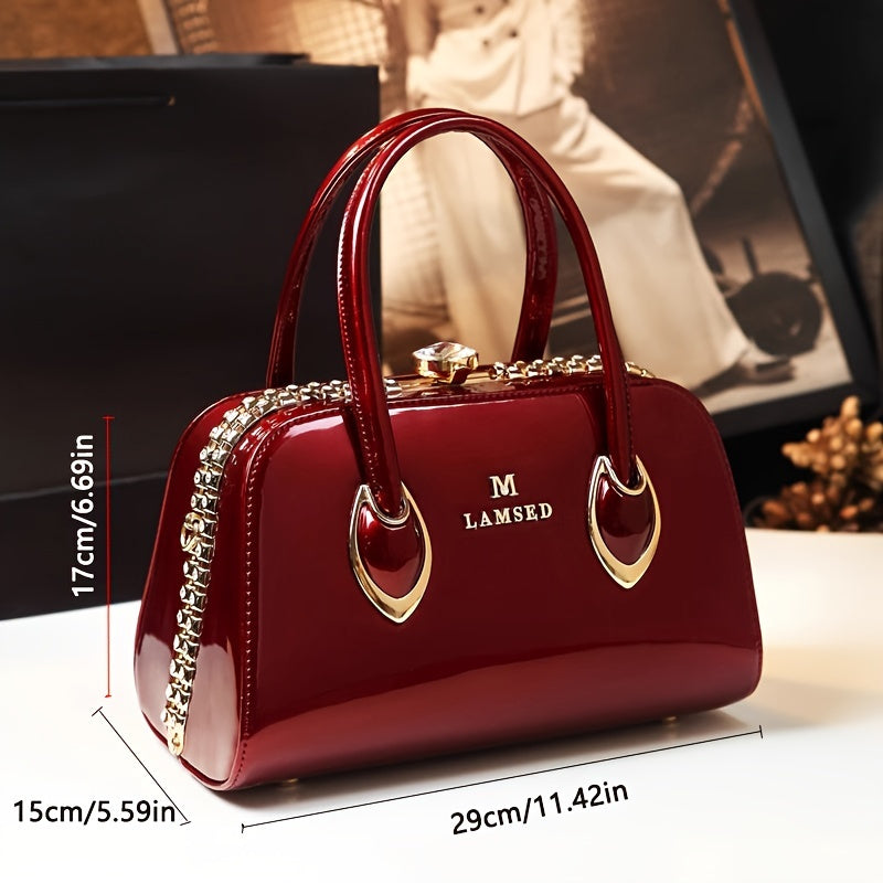 Elegant Red Handbag with Golden Accents Rhinestone Embellishments Glossy Finish Polyester Lined Non-Washable