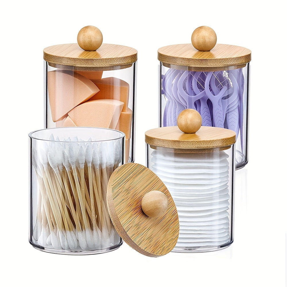 Clear Glass Storage Jar with Bamboo Lid for Bathroom and Makeup Accessories