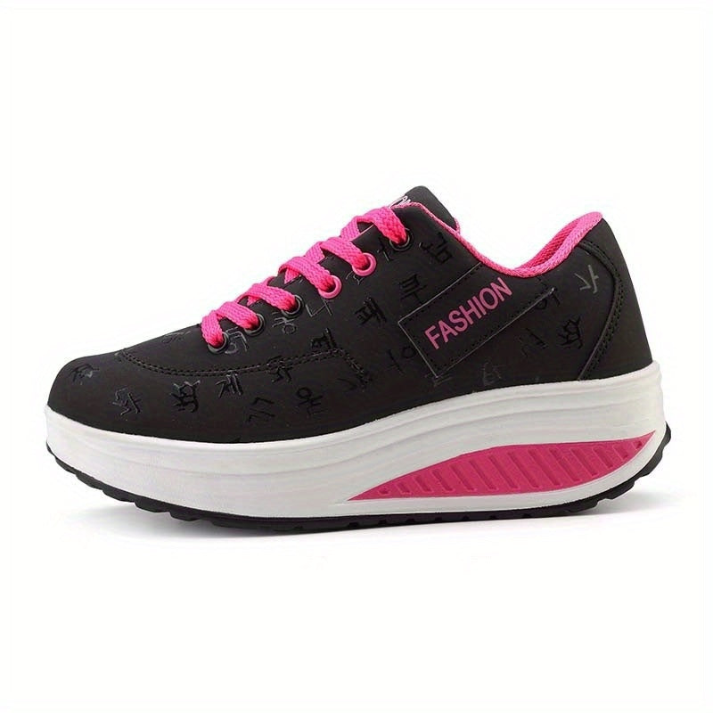Women's Platform Sneakers Breathable Synthetic Low-Top Casual Shoes Black Pink