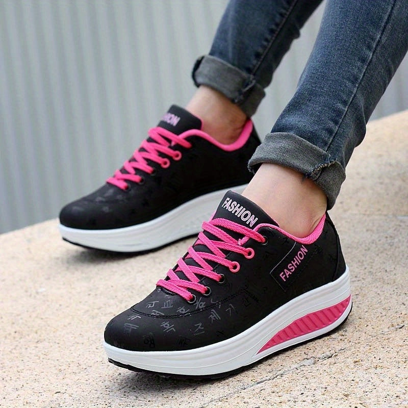 Women's Platform Sneakers Breathable Synthetic Low-Top Casual Shoes Black Pink