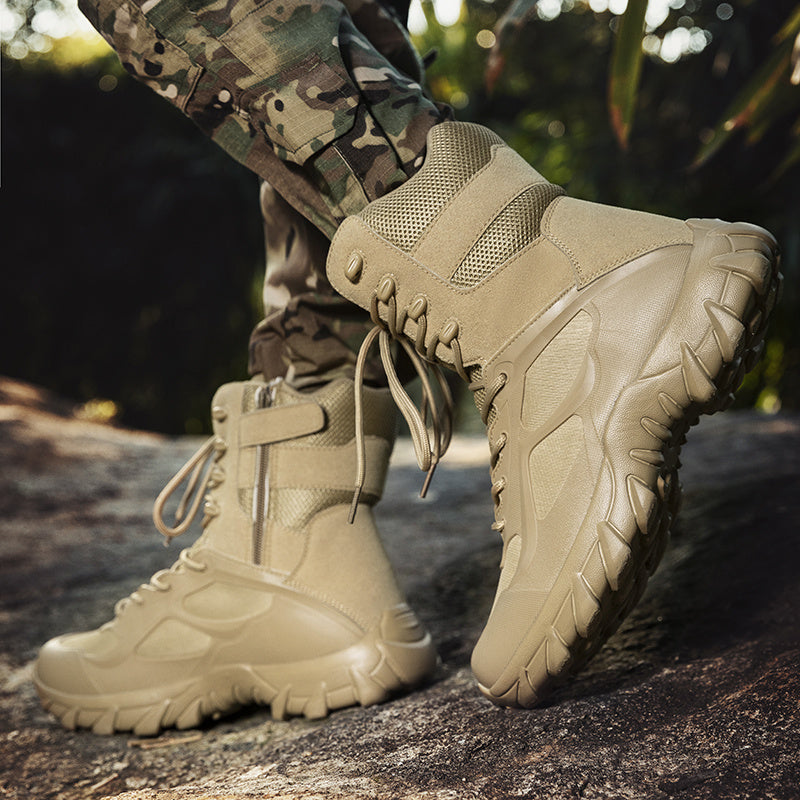 Men's Khaki High Top Tactical Shoes with Rubber Sole and Lace-Up Closure for Hiking and Outdoor Activities