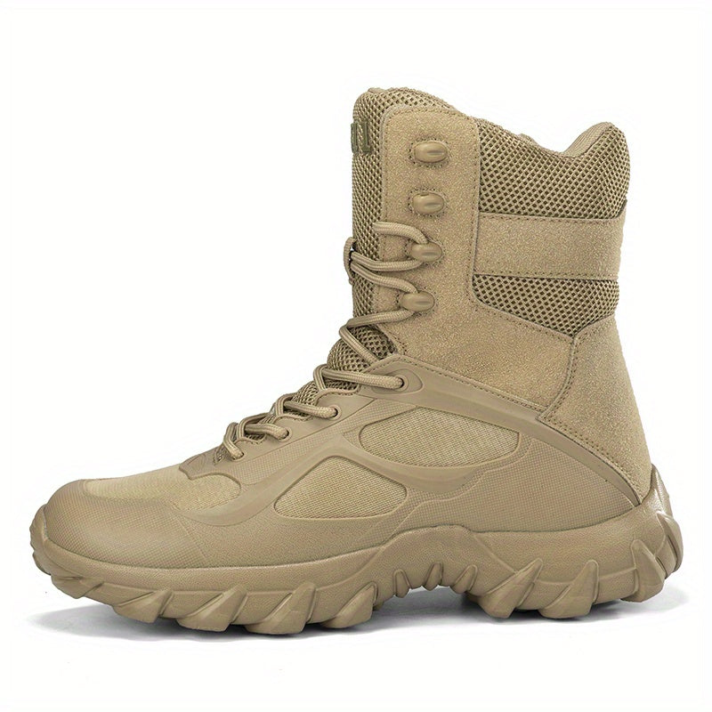 Men's Khaki High Top Tactical Shoes with Rubber Sole and Lace-Up Closure for Hiking and Outdoor Activities