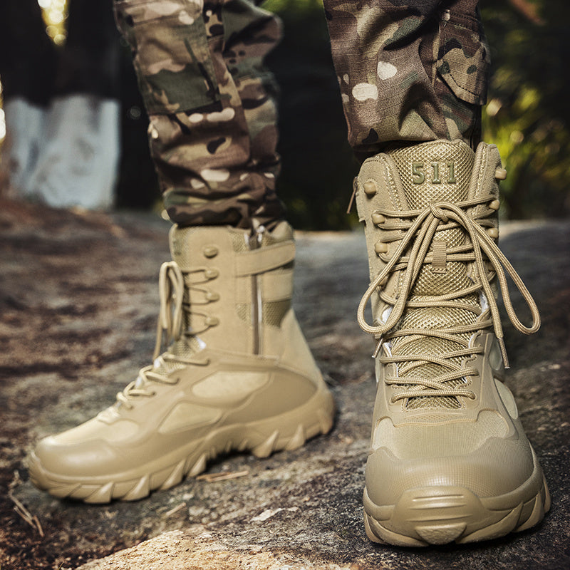 Men's Khaki High Top Tactical Shoes with Rubber Sole and Lace-Up Closure for Hiking and Outdoor Activities