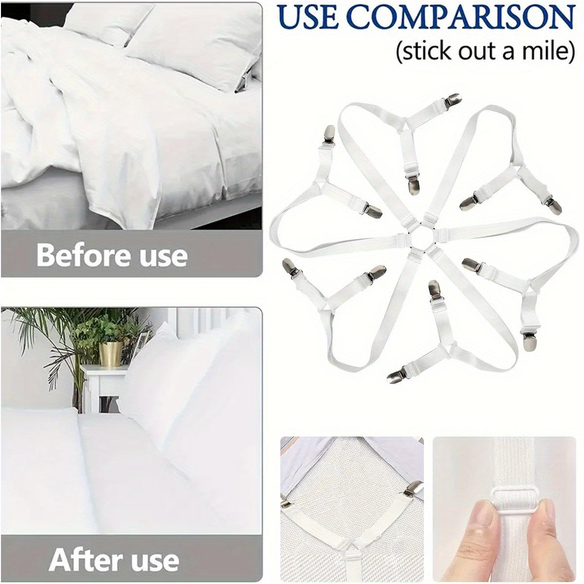 Adjustable Bed Sheet Clips with 12 Non-Slip Fasteners for Mattress Cover and Blanket Securing