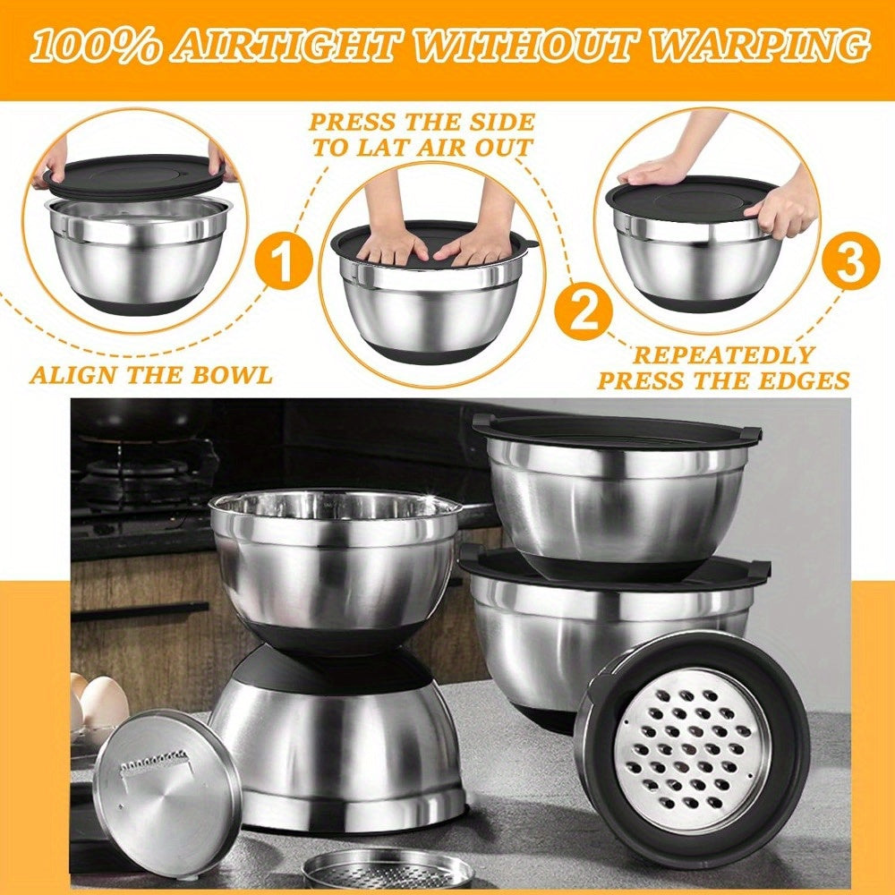 Set of 26 Stainless Steel Mixing Bowls with Lids and Grater Non-Slip Bottoms