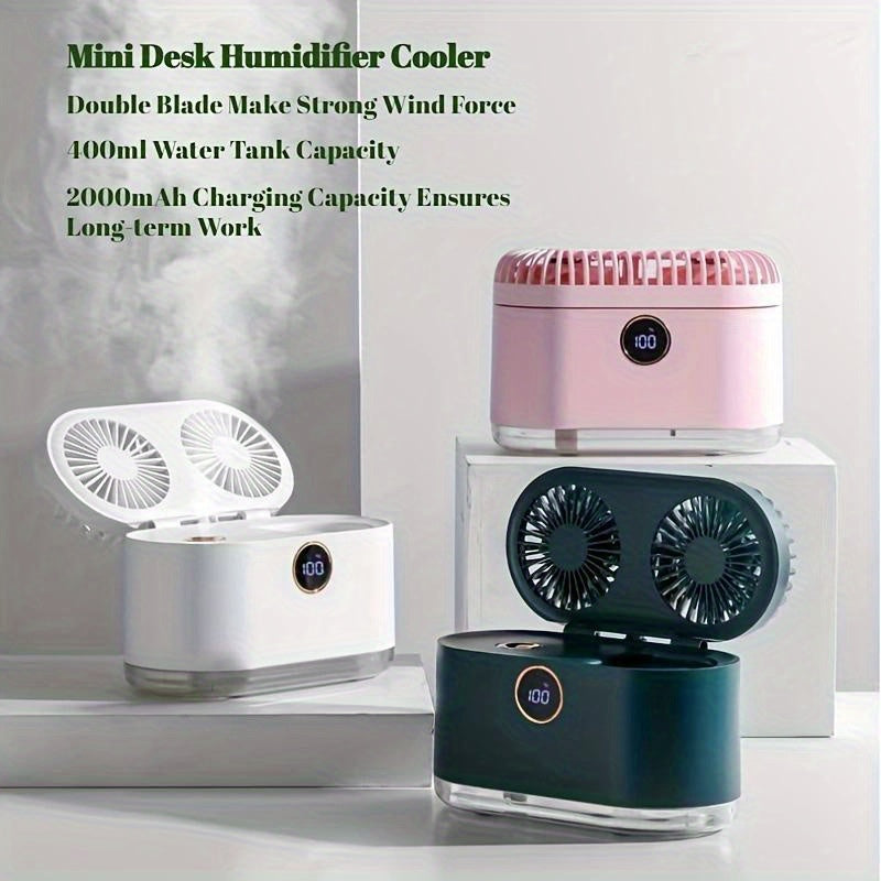 White Desktop Air Conditioner Mini Fan with Humidifier, USB Rechargeable, Quiet Cooling