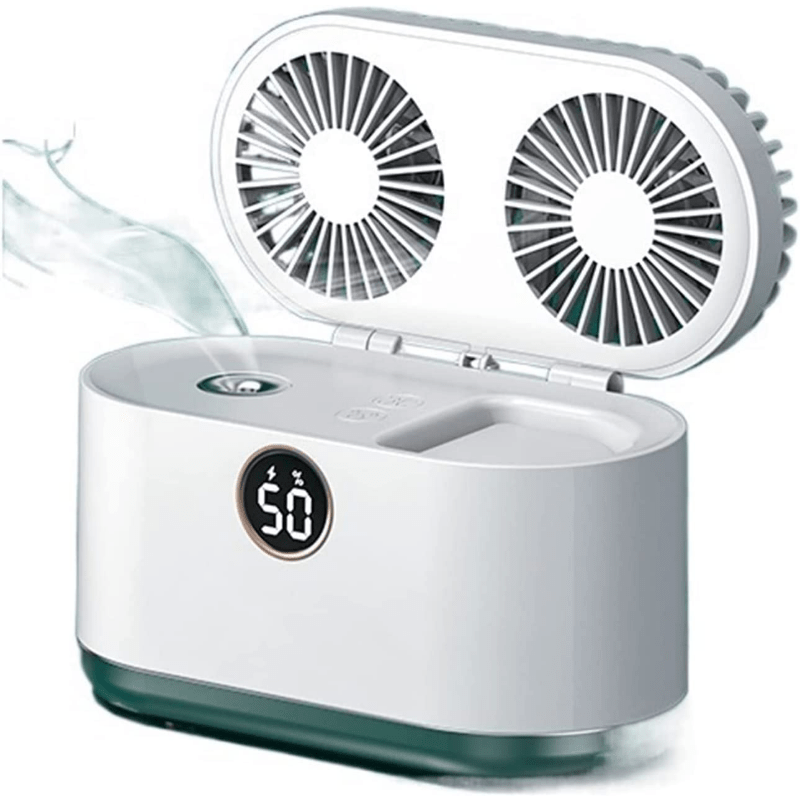 White Desktop Air Conditioner Mini Fan with Humidifier, USB Rechargeable, Quiet Cooling