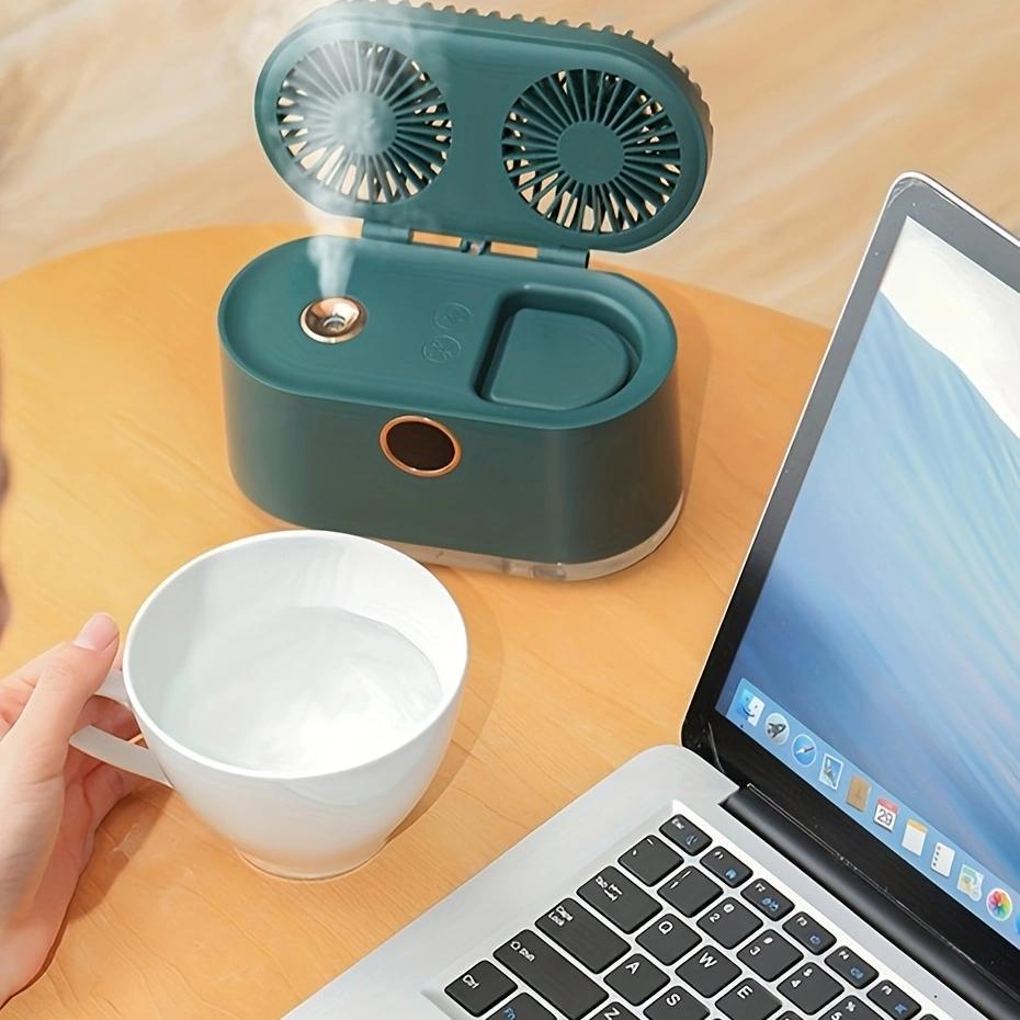 White Desktop Air Conditioner Mini Fan with Humidifier, USB Rechargeable, Quiet Cooling
