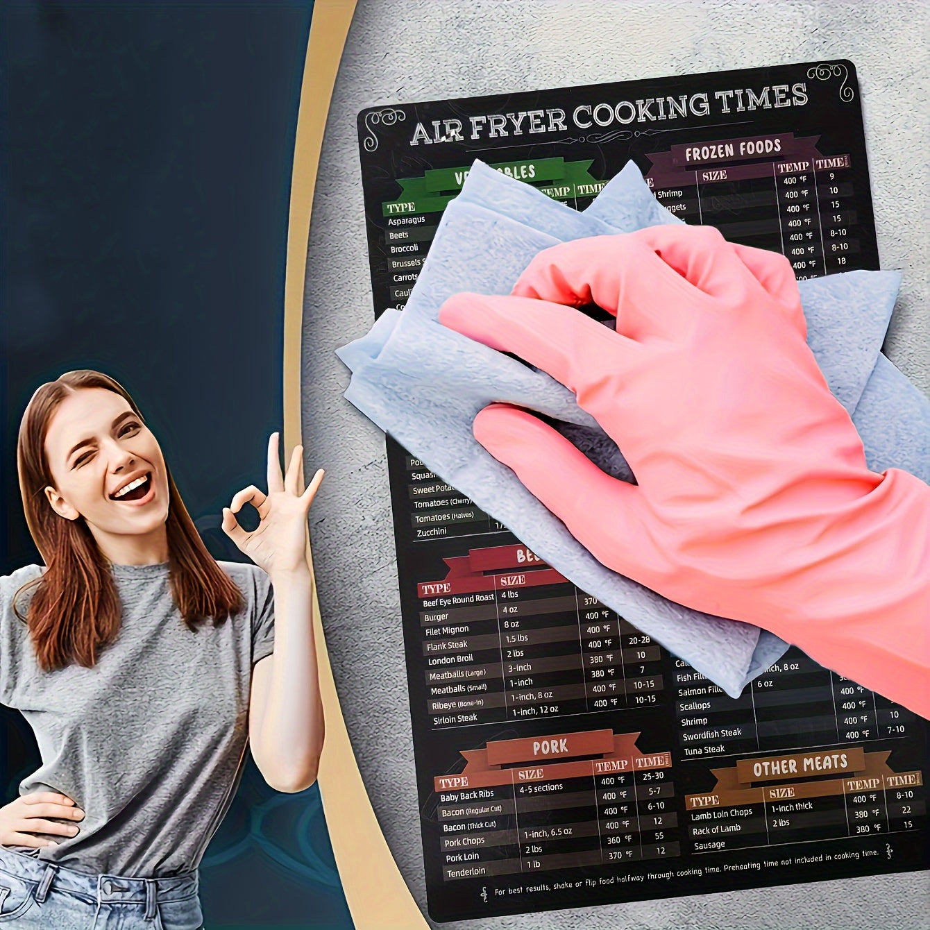 Black Magnetic Air Fryer Cheat Sheets Two-Piece Cooking Times Guide