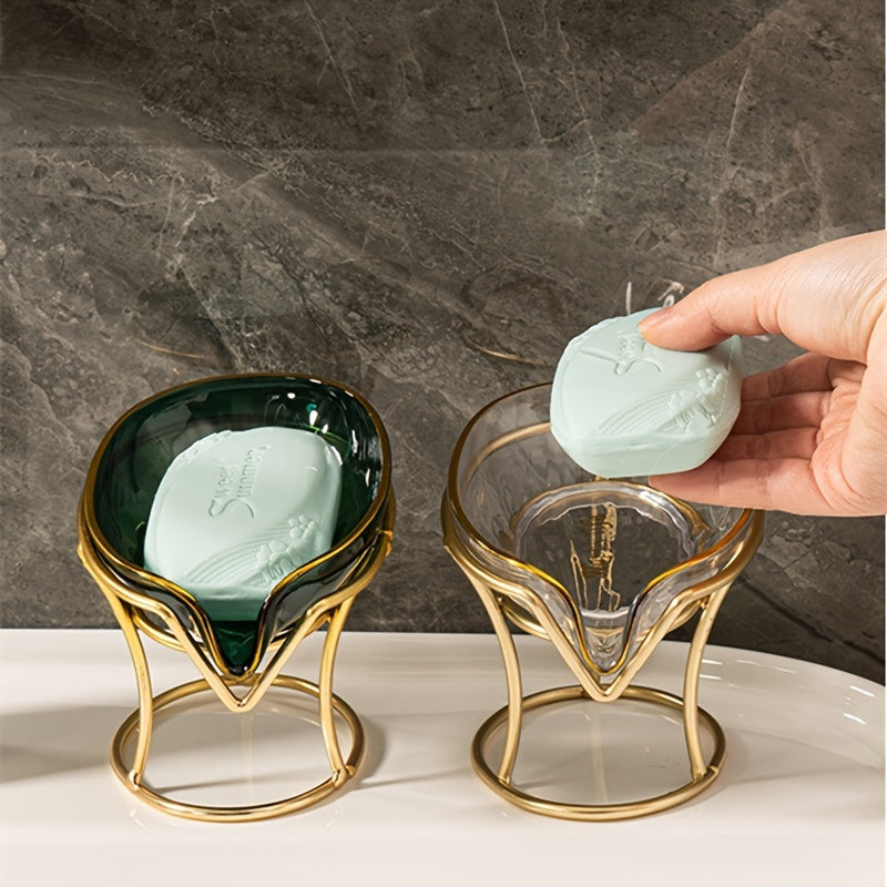 Jabonera de tono dorado con drenaje, soporte de plástico sin taladro, verde y transparente para baño y cocina