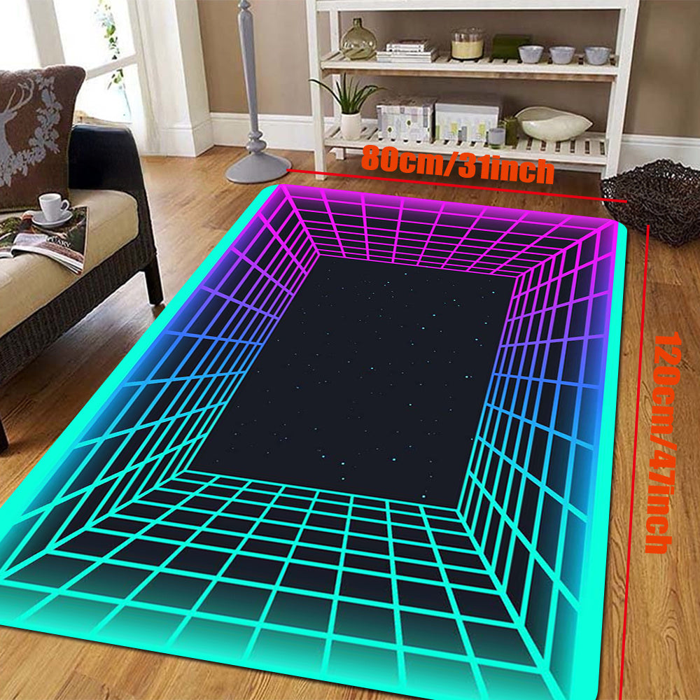 Bir dona Glow In The Dark Flannel Gilam, qo'shimcha qulaylik uchun 1.2 sm qalinlikdagi ko'pik bilan. Ushbu gilam UV qora yorug'lik ostida fluorescent nur chiqaradi va no'vli orqa qismga ega. Qiziqarli neon doira bosmasi bilan, bu Hippie ilhomlangan gilam