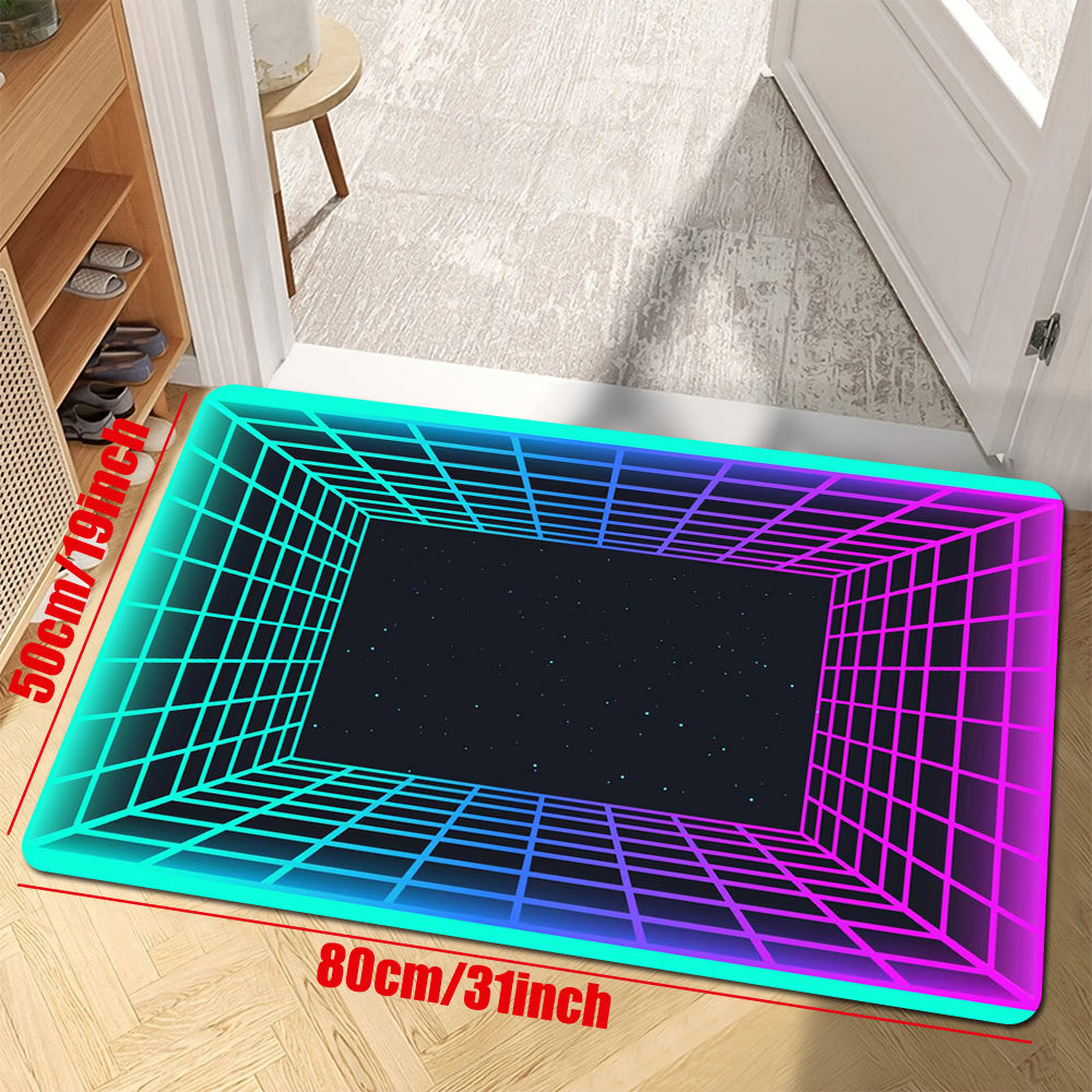 Bir dona Glow In The Dark Flannel Gilam, qo'shimcha qulaylik uchun 1.2 sm qalinlikdagi ko'pik bilan. Ushbu gilam UV qora yorug'lik ostida fluorescent nur chiqaradi va no'vli orqa qismga ega. Qiziqarli neon doira bosmasi bilan, bu Hippie ilhomlangan gilam