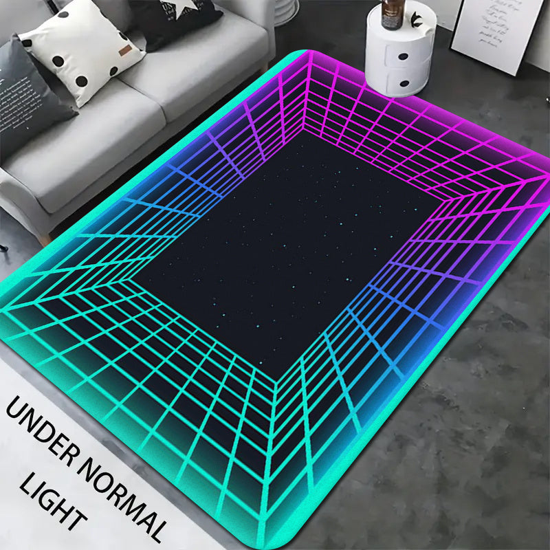 Bir dona Glow In The Dark Flannel Gilam, qo'shimcha qulaylik uchun 1.2 sm qalinlikdagi ko'pik bilan. Ushbu gilam UV qora yorug'lik ostida fluorescent nur chiqaradi va no'vli orqa qismga ega. Qiziqarli neon doira bosmasi bilan, bu Hippie ilhomlangan gilam