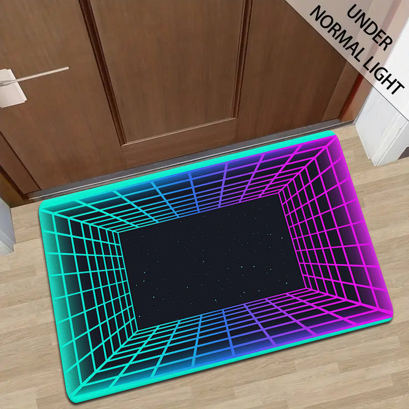 Bir dona Glow In The Dark Flannel Gilam, qo'shimcha qulaylik uchun 1.2 sm qalinlikdagi ko'pik bilan. Ushbu gilam UV qora yorug'lik ostida fluorescent nur chiqaradi va no'vli orqa qismga ega. Qiziqarli neon doira bosmasi bilan, bu Hippie ilhomlangan gilam