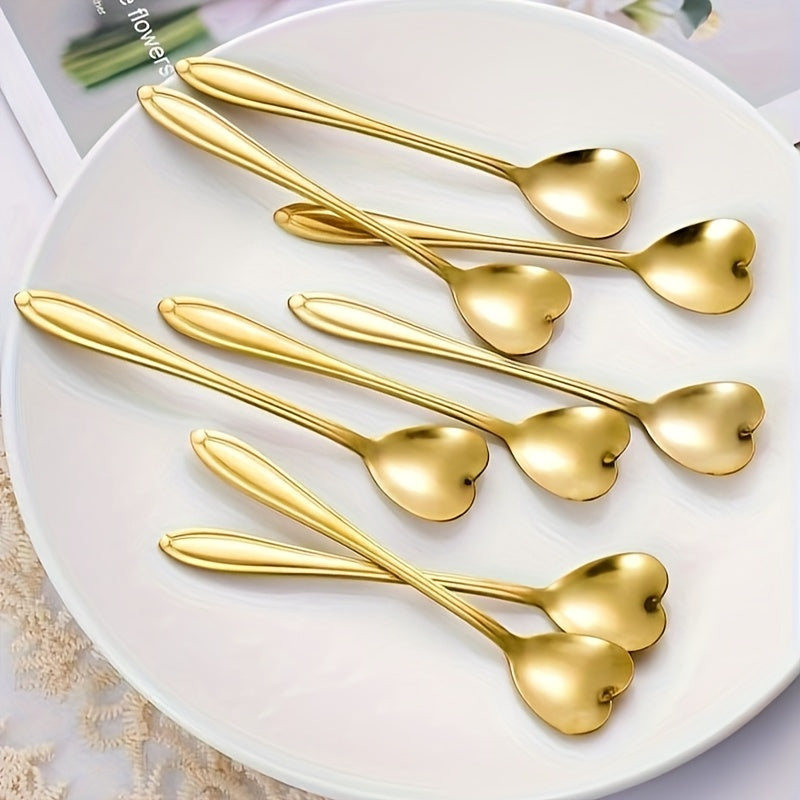 Set of 8 Golden Stainless Steel Spoons Heart Design for Coffee Tea Desserts