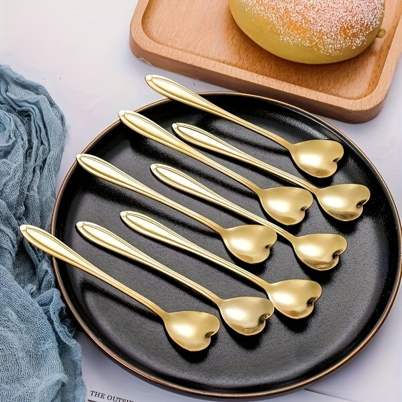 Set of 8 Golden Stainless Steel Spoons Heart Design for Coffee Tea Desserts
