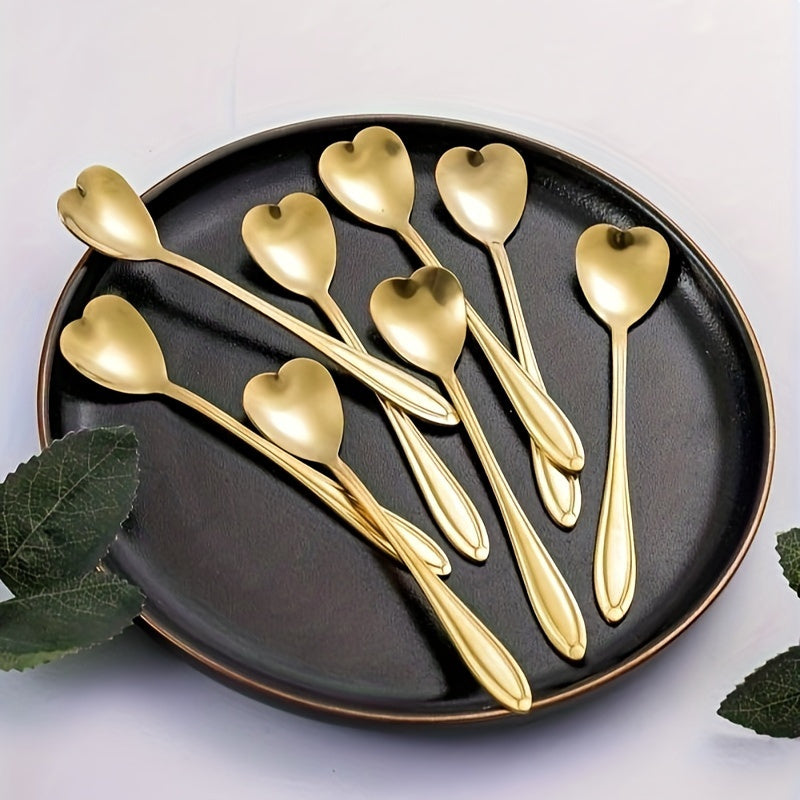 Set of 8 Golden Stainless Steel Spoons Heart Design for Coffee Tea Desserts