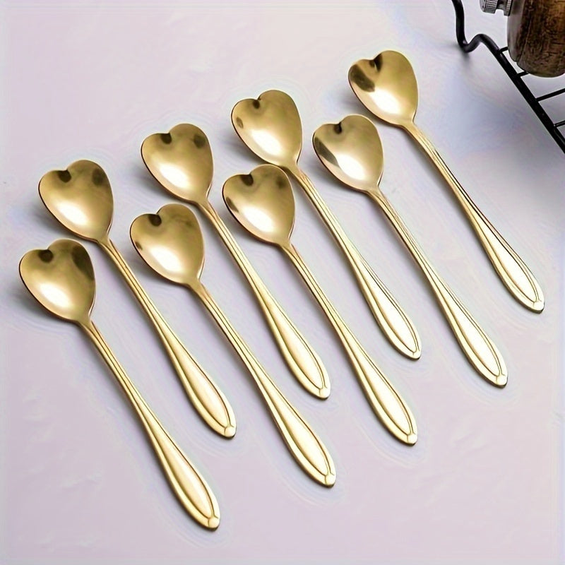 Set of 8 Golden Stainless Steel Spoons Heart Design for Coffee Tea Desserts