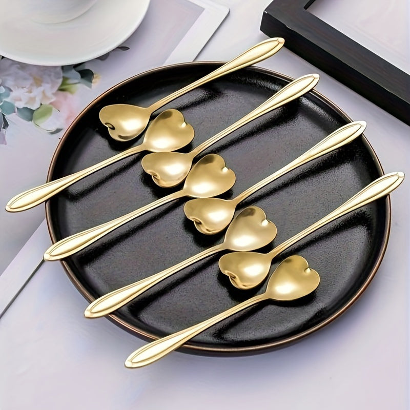 Set of 8 Golden Stainless Steel Spoons Heart Design for Coffee Tea Desserts