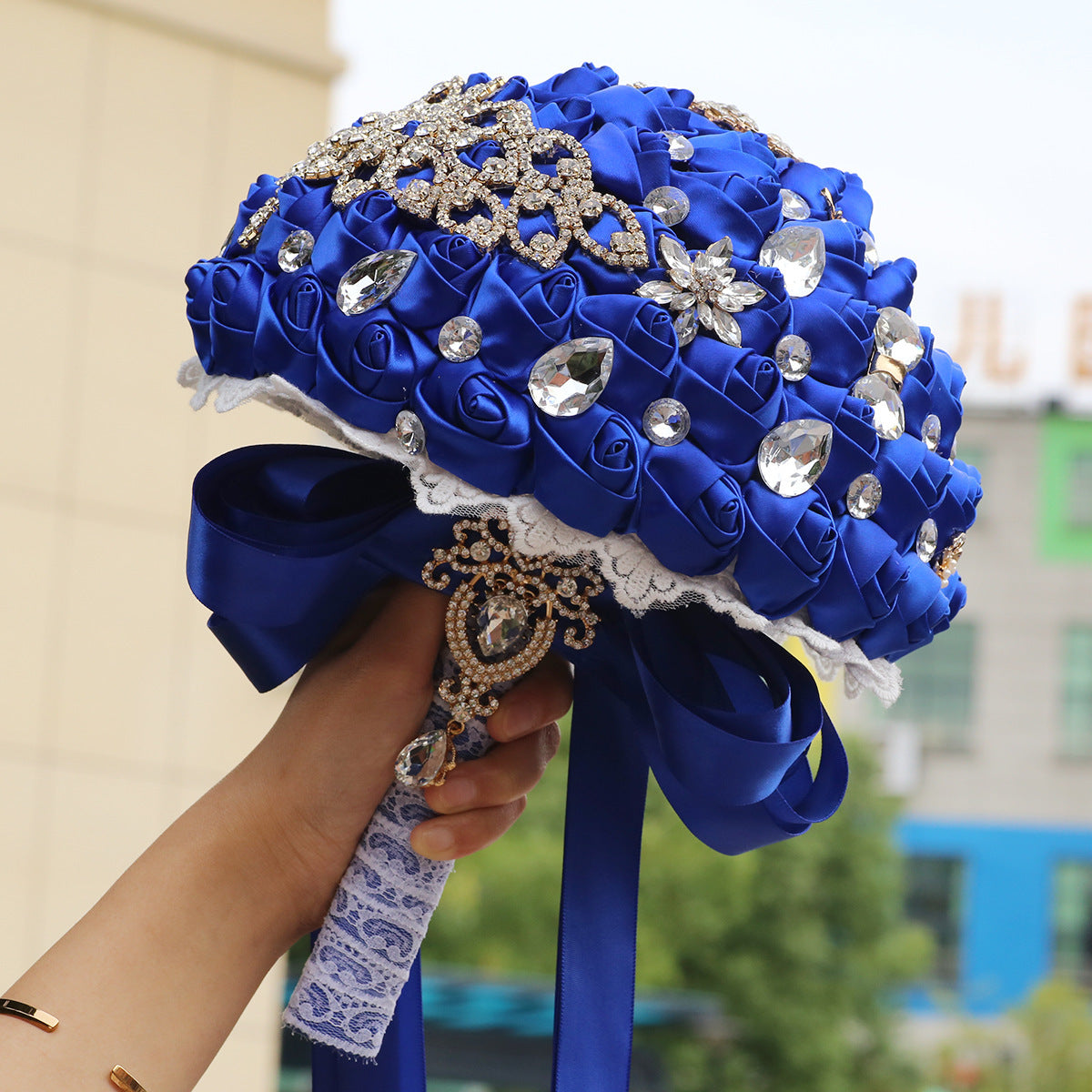 Kit de ramo de novia DIY con detalles de rhinestone en vino rojo y azul real