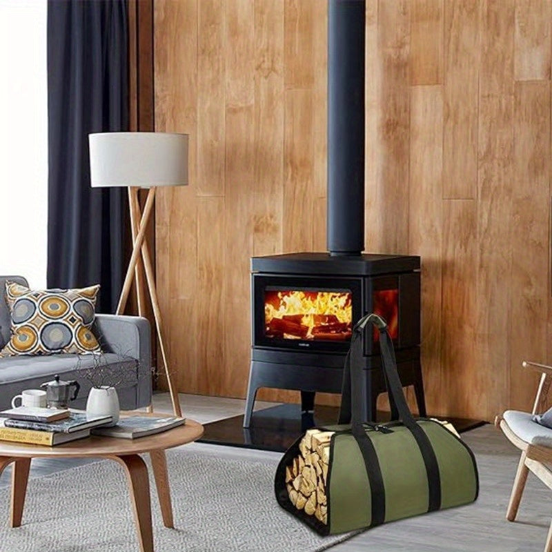 16oz laklangan kanvas o'tin tashuvchisi, tutqichlar bilan, suv o'tkazmaydigan yog'och sumkasi, yashil