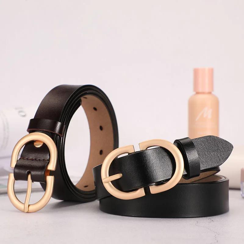 Women's Leather Belt with Double D Buckle for Casual Jeans and Pants