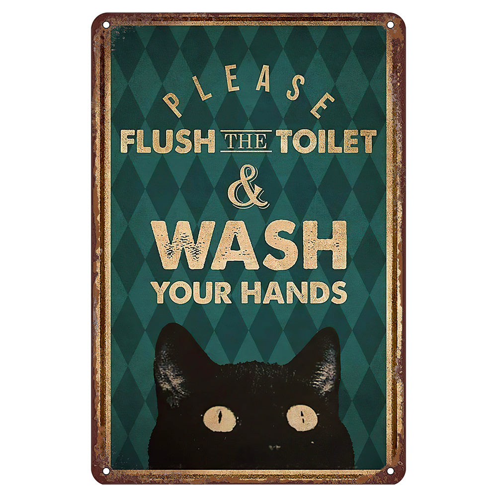 Funny Black Cat Bathroom Wall Art Tin Sign Please Flush Toilet Wash Hands Kitchen Garage Decor