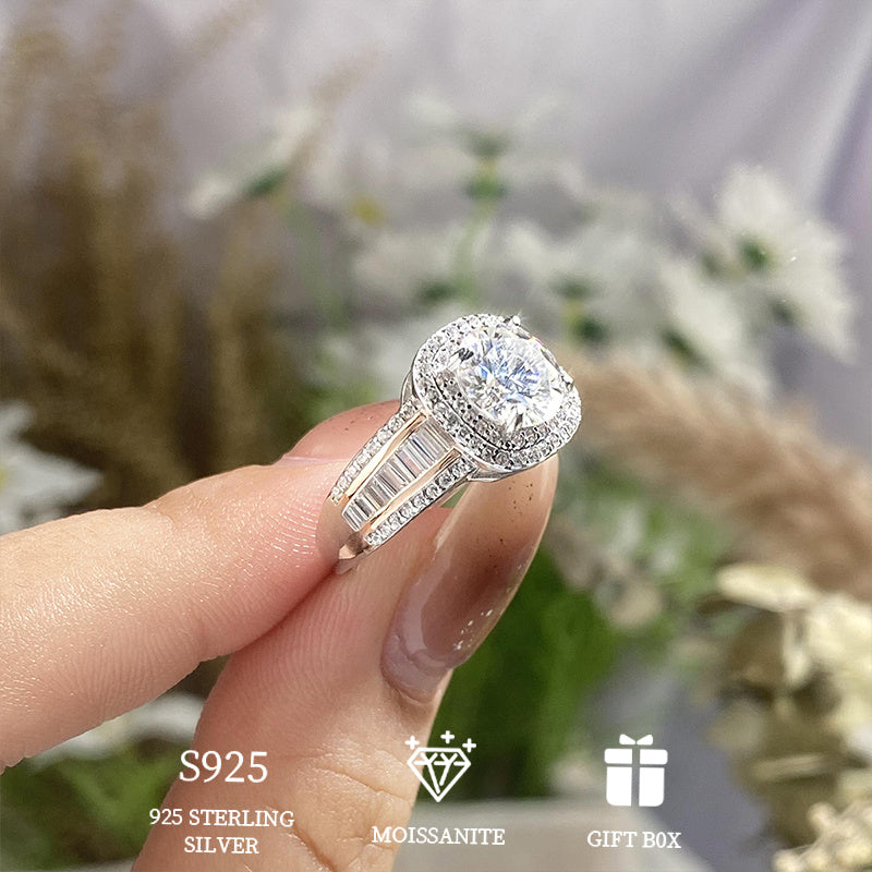 Sevgi kuni to'yga taklif qilish sovg'asi: Ajoyib 925 sterling kumush gippoallergen 2ct moissanite dumaloq kvadrat bel bog'ich ayollar uzuk, Sertifikat va sovg'a qutisi bilan to'liq.