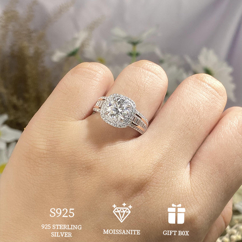 Sevgi kuni to'yga taklif qilish sovg'asi: Ajoyib 925 sterling kumush gippoallergen 2ct moissanite dumaloq kvadrat bel bog'ich ayollar uzuk, Sertifikat va sovg'a qutisi bilan to'liq.