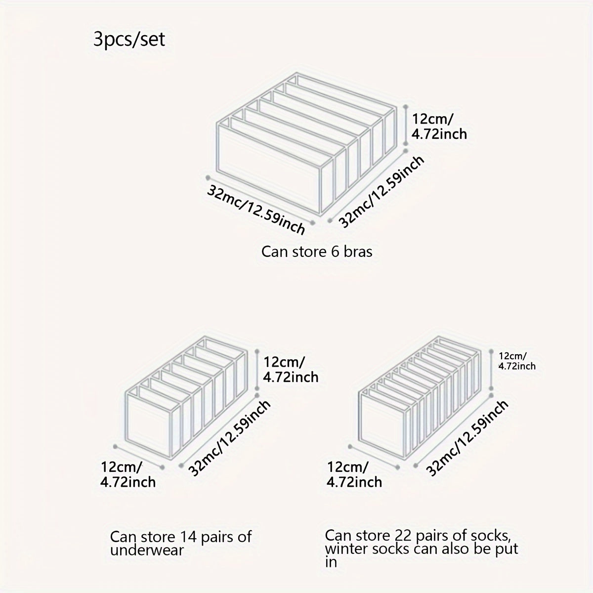 3-ta bo'lakli yig'iladigan saqlash qutilari ichki kiyim va ichki kiyimlar shkafini tartibga solish uchun