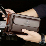 Men's Business Clutch Bag PU Solid Dark Brown Large Capacity Double Zipper