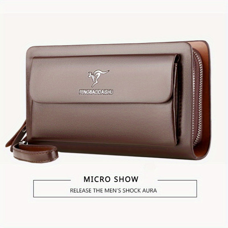 Men's Business Clutch Bag PU Solid Dark Brown Large Capacity Double Zipper