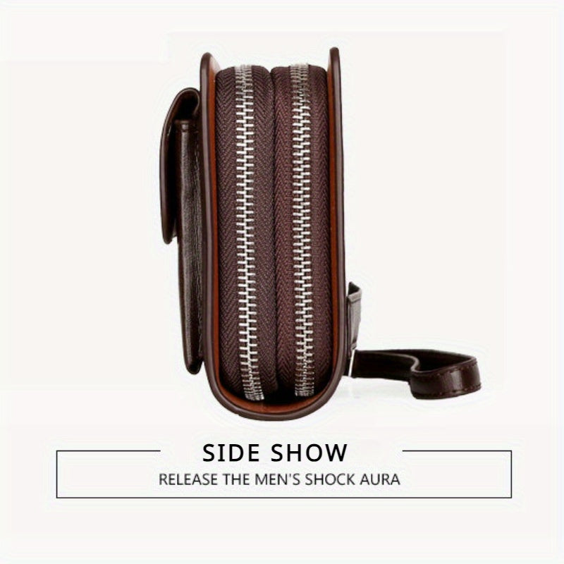 Men's Business Clutch Bag PU Solid Dark Brown Large Capacity Double Zipper