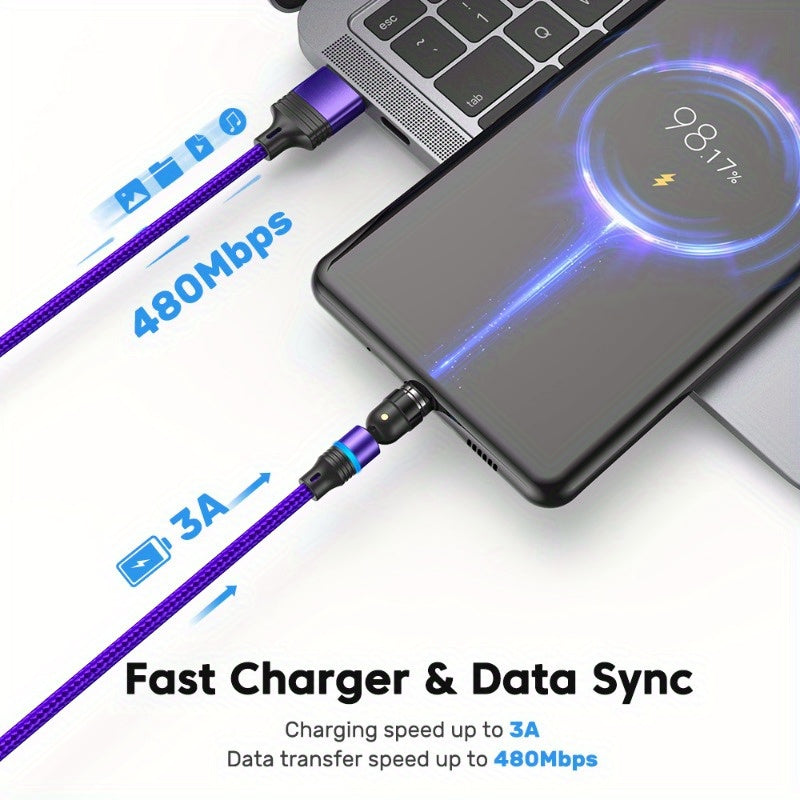 540° aylana oladigan magnit zaryadlash kabeli, USB Type-C qurilmalari uchun tez zaryadlash va ma'lumot uzatish qo'llab-quvvatlashi bilan, 3m, 2m va 1m uzunliklarda mavjud.