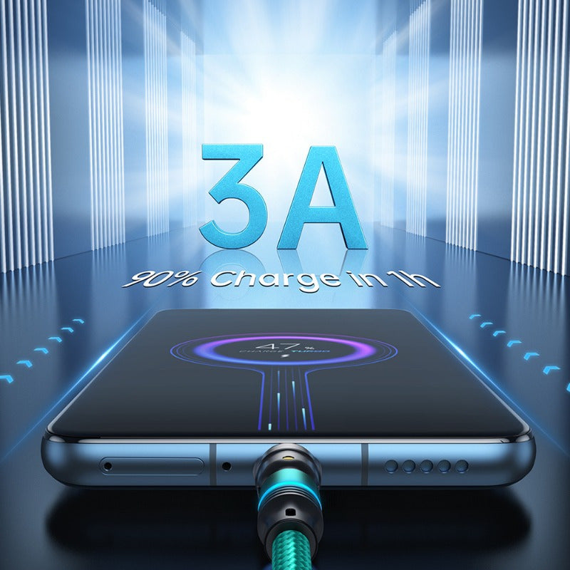 540° aylana oladigan magnit zaryadlash kabeli, USB Type-C qurilmalari uchun tez zaryadlash va ma'lumot uzatish qo'llab-quvvatlashi bilan, 3m, 2m va 1m uzunliklarda mavjud.